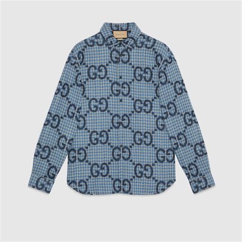 rmens oyal blue gucci long sleeve button up|Jumbo GG checked wool shirt in light blue and blue .